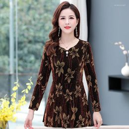 Women's Blouses Spring Autumn Basic Shirts Women Fashion Slim Elegant Office Lady V Neck Flower Gold Wire Long Top