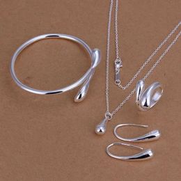 Bröllopsmycken uppsättningar 925 Sterling Silver Necklace Earrings Bangles Ring for Women Lady Party Water Drop Fashion H240504