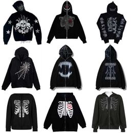 Mens Hoodies Sweatshirts Rhinestones Web Skeleton Print Black Y2k Goth Longsleeve Full Zip Oversized Jacket American Fashion Selling 230222 G01T