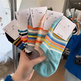 Women Socks 5 Pairs Japanese Korean Style Rainbow Striped Women's Summer Thin Breathable Invisible Sports Short
