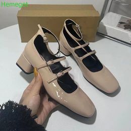 Dress Shoes Square Toe Thick Heel Mary Janes 2024 Casual Shallow Buckle Strap Cover Pumps Spring Black/nude Pink Fashion Women Shoe