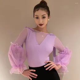 Stage Wear Fairy Purple Mesh Long Sleeves Ballroom Dance Tops Women Rumba Latin Bodysuit Performance Clothes Practise DNV19223