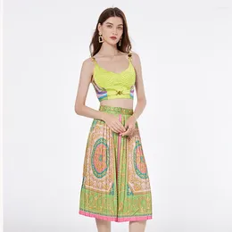 Work Dresses Chaney Runway Designer Two Pieces Set Metal Buttons Green Floral Pattern Printed Short Tops Camisole Midi Pleated Skirts Chic