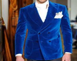 Two Piece Royal Blue Velvet Evening Party Men Suits 2018 Classic Style Double Breasted Wedding Groom Tuxedos Jacket Black Pants2816551
