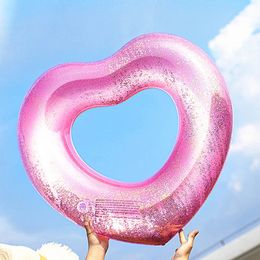Summer inflatable pink heart-shaped sequin swimming ring for childrens swimming pool party toy outdoor floating mat circular thick swimming ring 240425