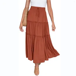 Skirts Summer A Line Skirt For Women Tiered High Waist Drawstring Pleated Casual Elastic Ruffled Large Swing Long Faldas