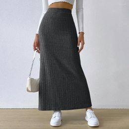 Skirts Solid Colour Long Skirt High-waisted Elegant Striped Maxi For Women High Waist Knitted Warm Winter With Split Hem