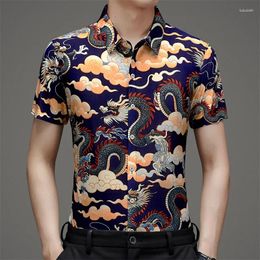 Men's Casual Shirts Summer Lucky Cloud Short Sleeve Elastic Shirt Chinese Style T-shirt Print Dad's Wear Clothing