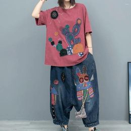 Women's Two Piece Pants Heavy Industry Hand Embroidered Patch Short Sleeved T-shirt Denim Crotch Two-piece Set Women 2024 Spring Summer