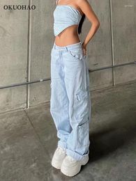 Women's Jeans Cargo Women Vintage 90s Baggy Straight Tooling Denim Trousers Y2k High Waist Loose Casual Pants Female Clothing Streetwear