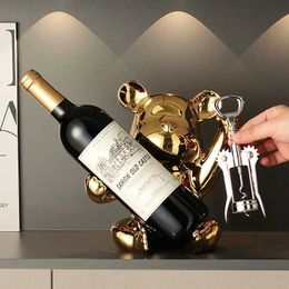 Decorative Objects Figurines Electroplated Bear Ceramic Wine Rack with Bottle Opener suitable for living room bar and kitchen storage and organization. T240505