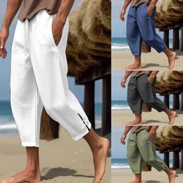 Men's Pants Seaside Beach Daily Leisure Mens Linen Pant Spring Summer Fashion Side Slit Design Thin Men Casual Loose Three Quarter