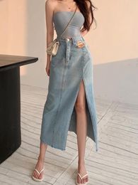 Skirts DEEPTOWN Long Denim Skirt Vintage Women Solid High Waist A-LINE Slim Korean Style Jean Slit Midi Summer Fashion Girl