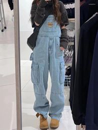 Women's Jeans Retro Denim Suspenders Washed Women's Early Spring Small Loose Wide Leg Pants Design Sense Straight Mop