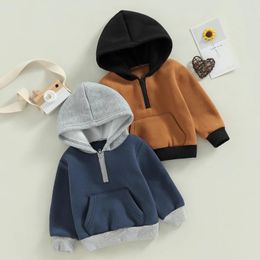 Jackets 0-3Years Toddler Baby Autumn Hood Pullover Contrast Color Long Sleeved Half Zipper Thick Warm Sweatshirt With Pocket