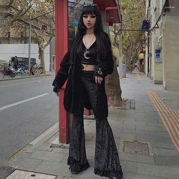 Women's Pants Goth High Waist Flared Aesthetic Sexy Lace Patchwork Trousers Women Vintage Elegant Velvet Christmas 22530A