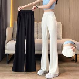 Female Micro Horn Wide Leg Pants Spring and Summer Female Narrow Version Loose Casual Elastic High Waist Micro Flare Trousers 240420