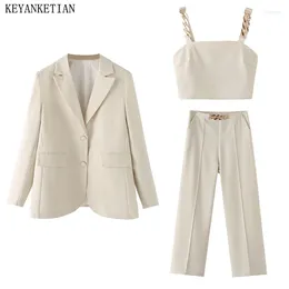 Women's Two Piece Pants KEYANKETIAN Apricot Single Breasted Suit Chain Decoration Camisole High-waisted Straight-leg Three Pieces Sets