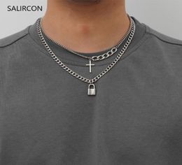 Salircon Cross Lock Pendant Necklace Punk Chunky Choker Hiphop Silver Colour Chain Necklaces for Women Men Goth Collar Jewelry8492751