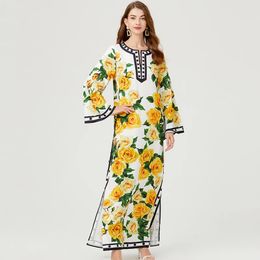 Women Basic Casual Dresses Summer Bohomian Loose Maxi Dress Runway Women's O-Neck Batwing Sleeve Yellow Rose Print Oversize Split Robe Long Vestidos2024