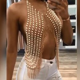 Fashion Boho Imitation Pearls Full Body Chain Bar Statement Tassel Pendant Charm Dress Sexy Nightclub Party Jewelry T200508 293J