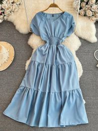 Party Dresses French Pleated Long Dress Women Summer Solid Double Layered Sleeve V-neck Casual Ladies Robe Vestidos