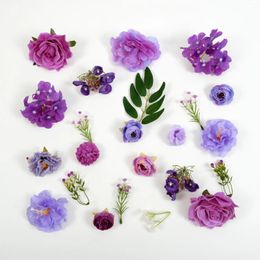 Decorative Flowers Purple Artificial Silk Flower Head Mix Green Leaf 42PCS Fake Greenery For DIY Crafts Wreath Bouquets Decor