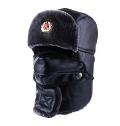 Bomber Hat Russian Ushanka PU Leather Winter Trapper Soviet Badge Army Aviator Trooper Neck Cover Earflap Snow Ski Cap with Mask T1386518