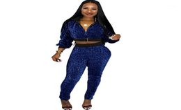 Plus Size Glitter 2 Piece Outfits For Women039s Suit Sequined Streetwear Bomber Jacket Tops And Pants Set Sparkly Casual Tracks9360786