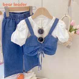 Clothing Sets Bear Leader Girls' Set 2024 Summer Round Neck Short Sleeve Shirt Denim Tank Top Pants Three Piece Children's Fashion