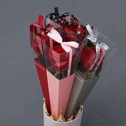 10 pieces of Coloured single rose transparent window box bouquet packaging paper gift paper box Valentines Day paper bag 240424
