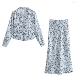 Work Dresses UNIZERA2024 Spring Product Women's Fashion Slim Fit Long Sleeved Flip Collar Shirt Printed Mid Length Skirt Casual Set