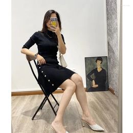 Party Dresses Women Side Slit Knit Dress Short Sleeve Gold Buttons Solid Colour Female Slim Stand Collar Mini Robe