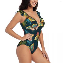 Women's Swimwear Women Retro Butterflies And Flowers One Piece Sexy Ruffle Swimsuit Summer Beach Wear Slimming Bathing Suit