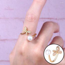 Cluster Rings Natural Freshwater Pearl Micro Diamond Zircon Dragonfly Ring Fashionable Personality Niche Versatile Opening Adjustable