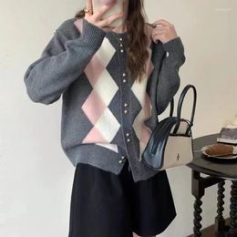 Women's Knits European Contrasting Diamond Grid Knitted Cardigan Sweater For Women Long Sleeved Soft And Tender Coat Spring/autumn 2024