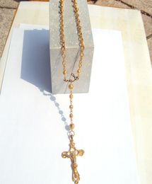 Loyal women Cool pendant Fine Yellow gold G/F Holy Rosary Jesus Wide Beads Woollen sweater Chain necklace Fixed1851015