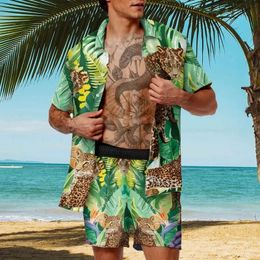 Hawaiian Cardigan 2Pcs Sets Summer 3D Leopard Print Short Sleeve Button Shirt Beach Shorts Holiday Mens Daily Two Piece Suit 240426