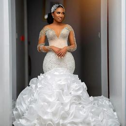 2024 Luxurious Mermaid Wedding Dress For Bride Bridal Gowns Long Sleeves Rhinestones Beaded Pearls Crystals Ruffled Wedding Gowns for Black Women Marriage D224