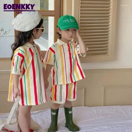 Clothing Sets Summer Brother Sisters Two-piece Set Korean Children Striped Casual Girls Shirt Dress Boys Short Sleeve Shirts Shorts Suits