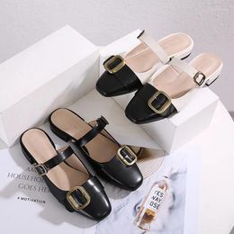 Casual Shoes Black/white Patchwork Leather Buckle Sandals Women Square Toe Ankle Belt Gladiator Sandalias Mujer Low Heel Summer Mules