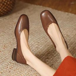 Dress Shoes 2024 Women Square Toe Heels Spring Pumps Oil Painting 3cm Flats Female Non-slip Block Heel Soft PU Work Size 35-40