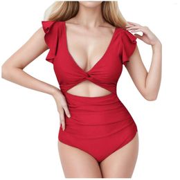 Women's Swimwear Swimsuit 2024 Summer Sexy V-Neck Hollow Out High Waist Bikini Fashion Solid Colour Ruffle Short Sleeve