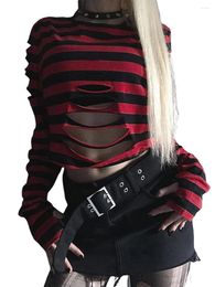 Women's T Shirts Distressed Crop Tops Gothic Long Sleeve Round Neck Striped Print Loose T-Shirts Halloween Costume