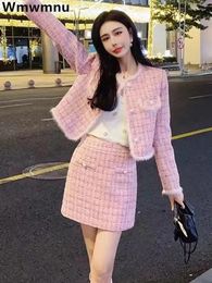 Work Dresses Y2k Tweed Skirt 2 Piece Set Korean Single Breasted Wool Blend Crop Coat Conjuntos Fashion A-line Woollen Short Falda Outfit