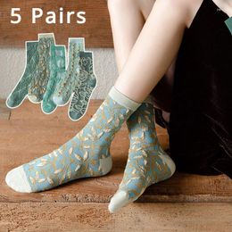 Women Socks 5 Pairs 3D Floral Spring Summer Middle Tube Fashion Green Pink Cute Japanese Korean