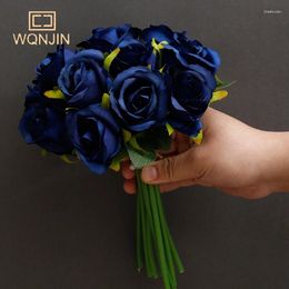 Decorative Flowers WQNJIN Artificial Flower Bouquet 12 Heads Silk Rose Blue Fake Bunch Wedding Party Home Table Gift Decoration