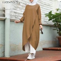 Women Dress Fashion Muslim Autumn Elegant Casual Lady Solid Color Pullover Long Sleeve Loose 5XL Lugentolo Dresses 2409