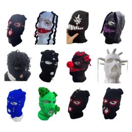 Devil Horn Halloween Knitted Hat Beanies Warm Full Face Cover Ski Mask Hat Windproof Balaclava Hat for Men Womens 240428