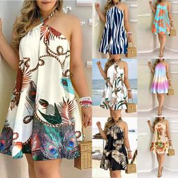 Summer Printed Off The Shoulder Halter Lace Up Loose Womens Dress For Women